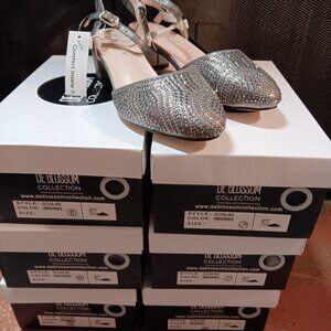 entire case of De Blossom Celina silver sparkly glitter chunky heel NEW 12 pairs